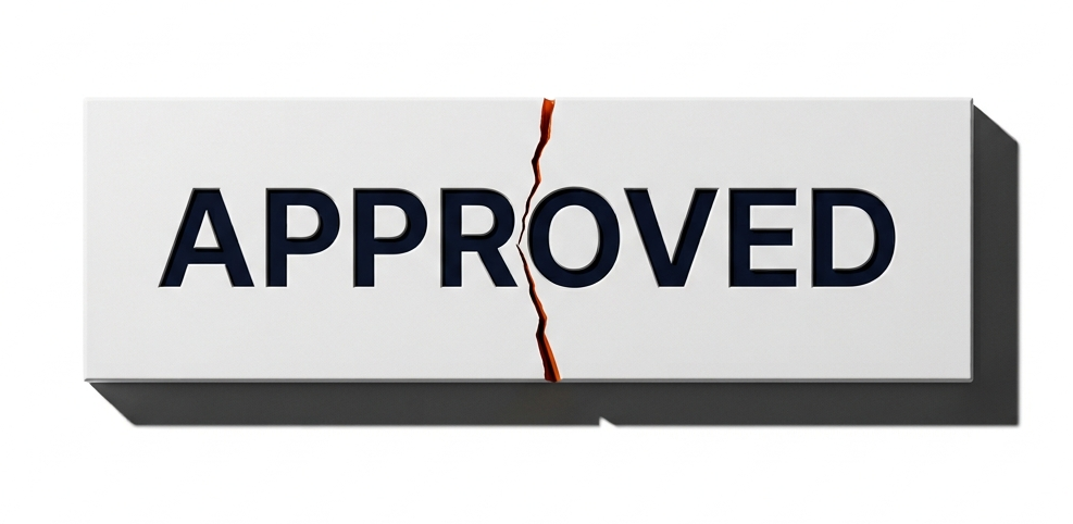 An APPROVED stamp block split by a crack