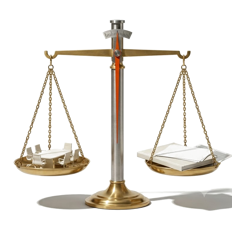 A balance scale weighing a boardroom table against a stack of documents
